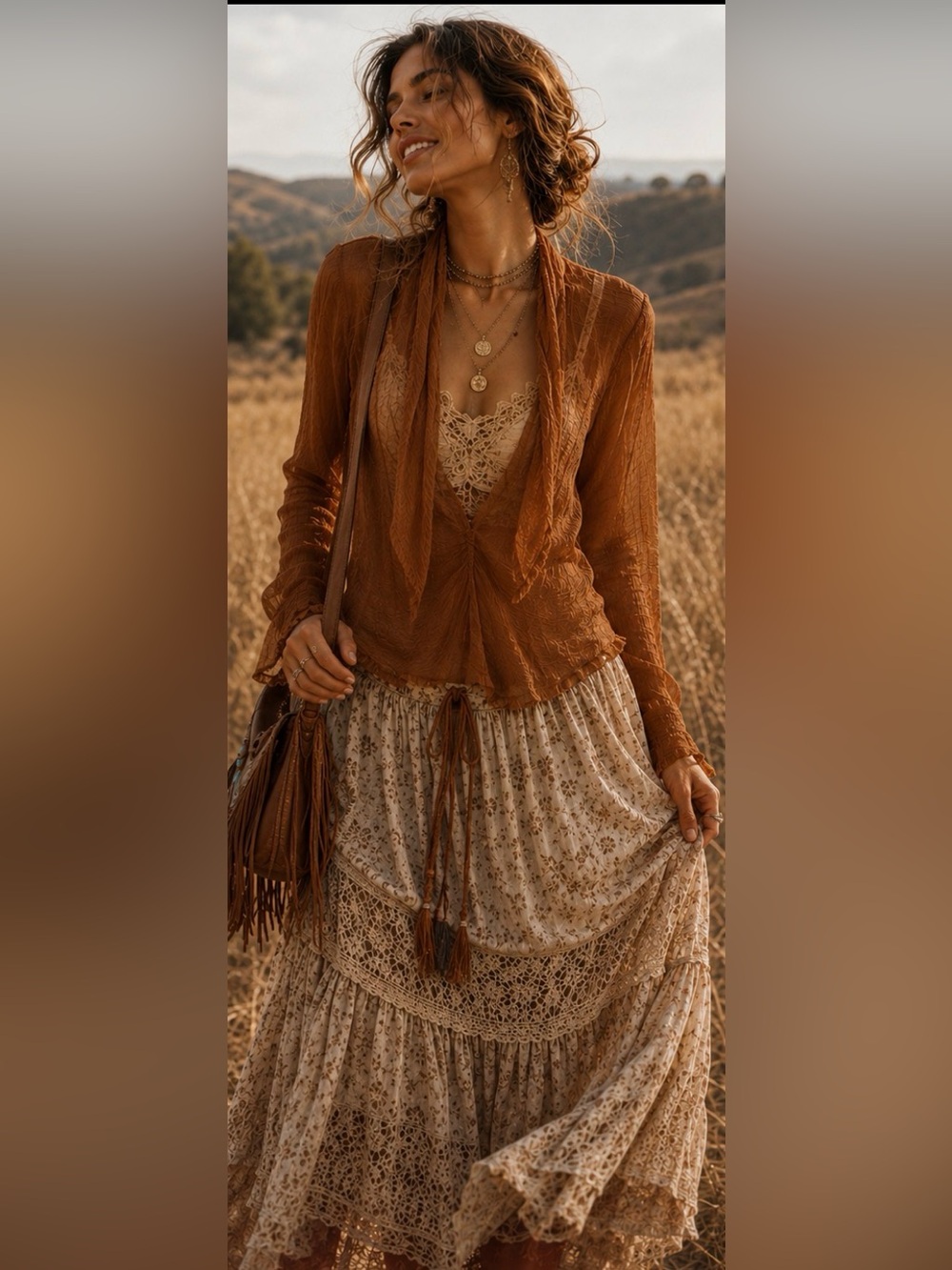 Zara Rust Brown Sheer Draped Blouse with scarf
